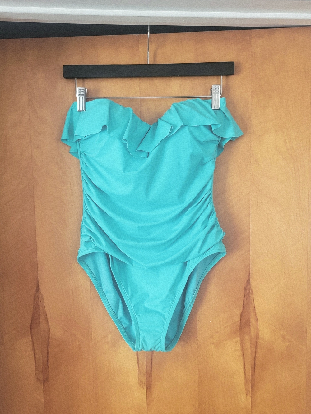 Bleu Rod Beattie Wave Runner Aqua Ruffle Bandeau One Piece Swimsuit 8 NWT